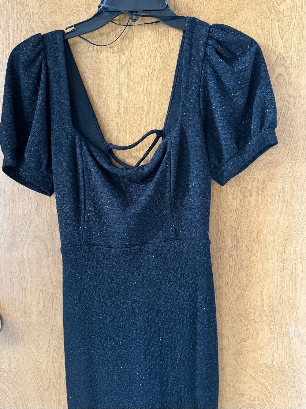 Windsor Sparkle Black Midi Dress with Puff Sleeves and Back Tie